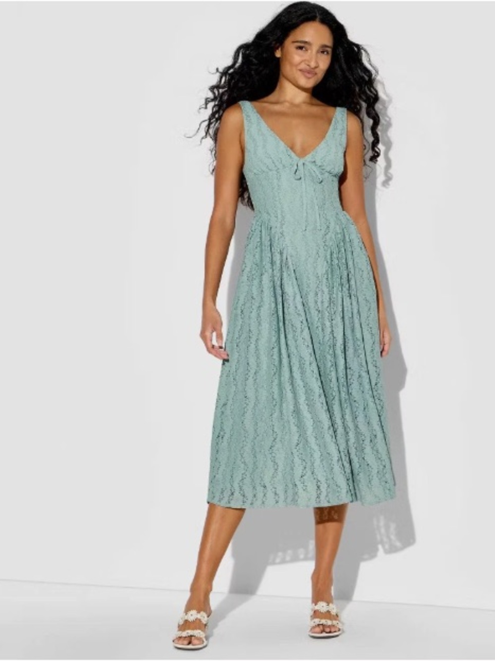 Sleeveless V-Neck Lace Midi Dress in Sage Green